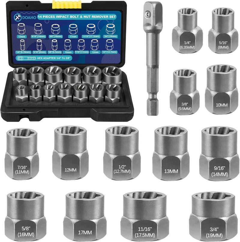 Doaho 13+1Pcs Impact Bolt Extractor Kit & Lug Nut Removal Tool, Cr-Mo Rounded Bolt Remover, Stripped Bolt Extractor Set with Solid Storage Case for Removing Damaged, Rusted, Nuts and Bolts - Image 1